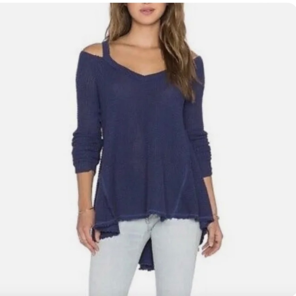Free People Moonshine Navy, V-Neck Long Sleeve Sweater, Raw Edge, Size Small - Picture 2 of 12